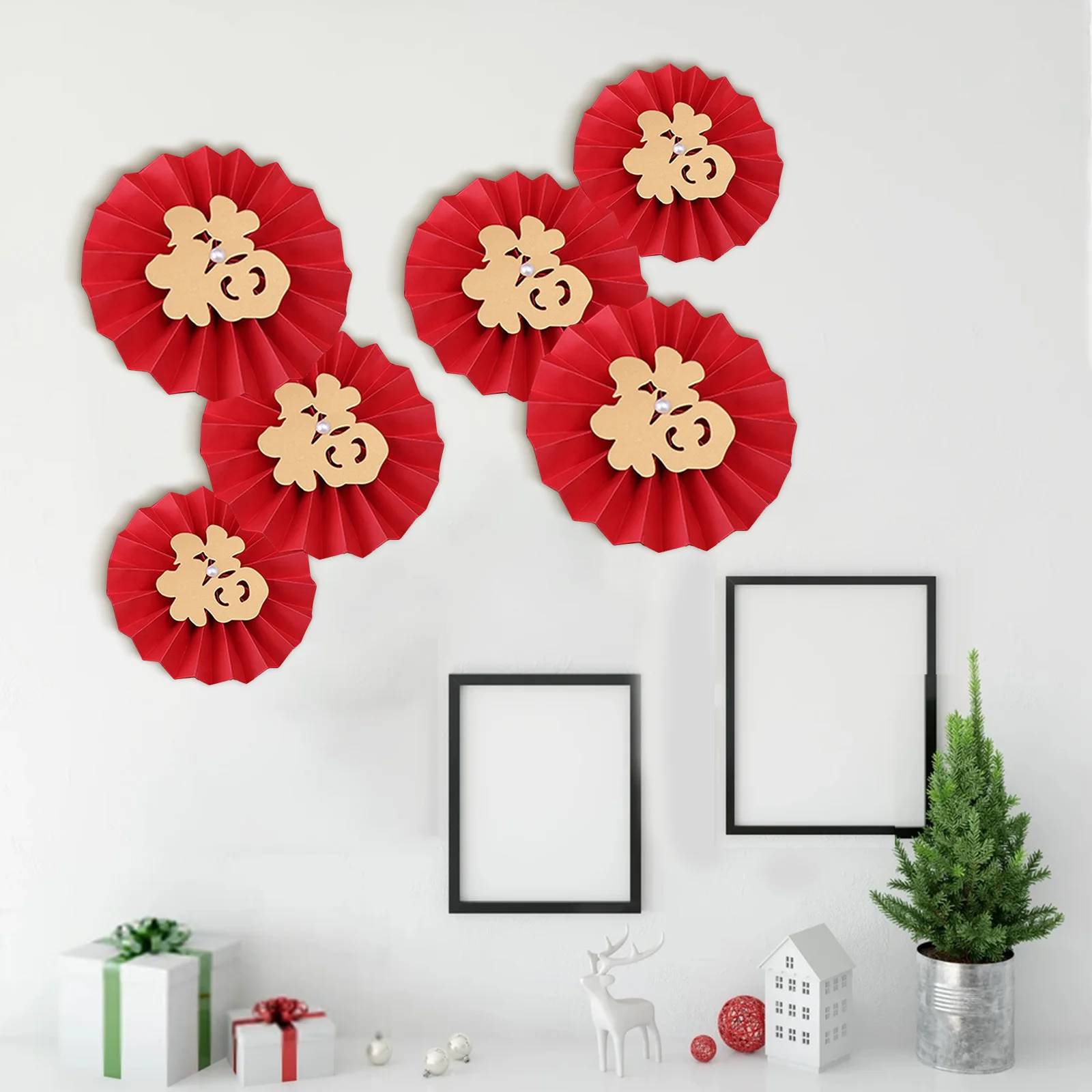 Decoración de flores de abanico de Origami, artículos creativos de decoración de pared de dormitorio, estilo chino "Fu", 6 piezas, 2024
