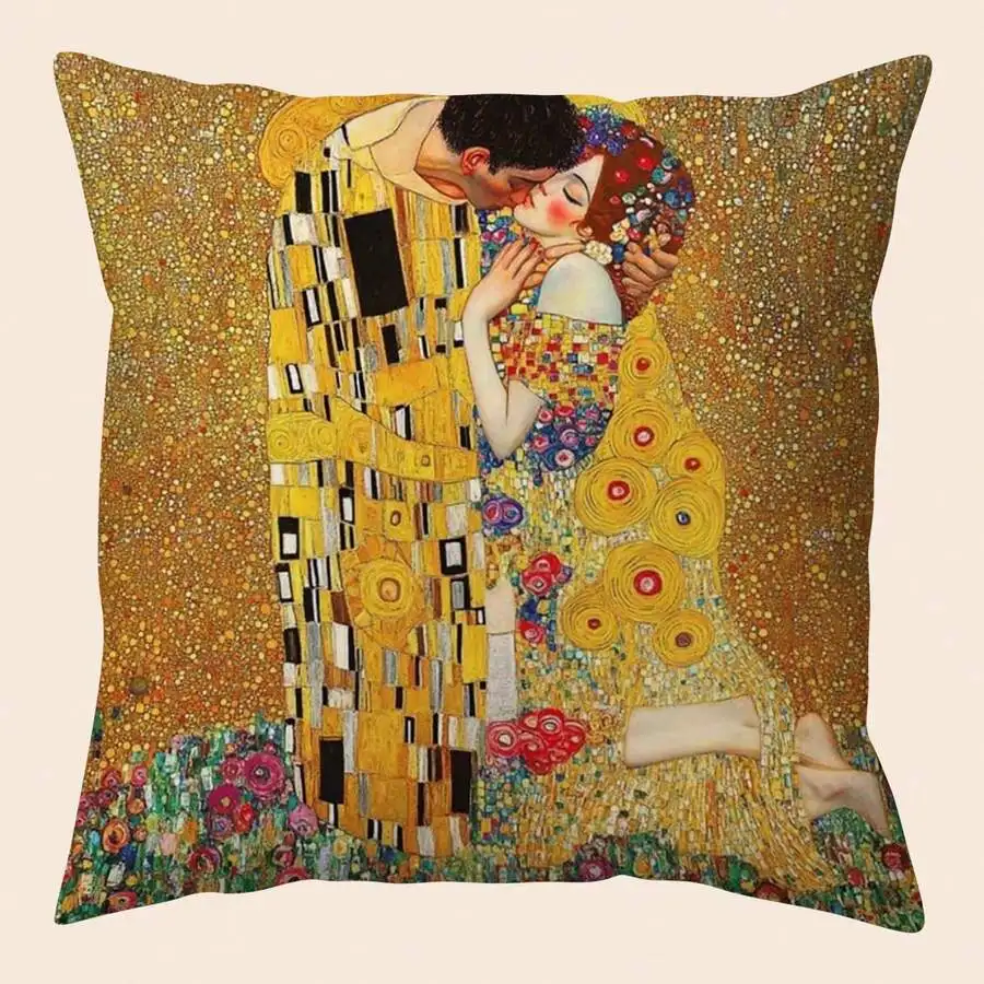Gustav Klimt The Kiss Cushion Cover Art Painting Pillow Case Golden Decorative Home Decor for Living Room Bedroom