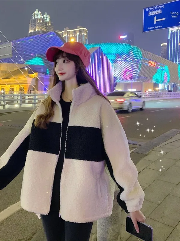 Loose Fleece Lined Thickened Long Sleeve Open Cardigan Outerwear Autumn Winter Korean Style Patchwork Design Relaxing Top