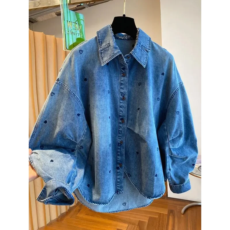 European and American Style Blue Heart Patterned Denim Shirts for Women Long-sleeved 2026 Spring New Fashion Coats