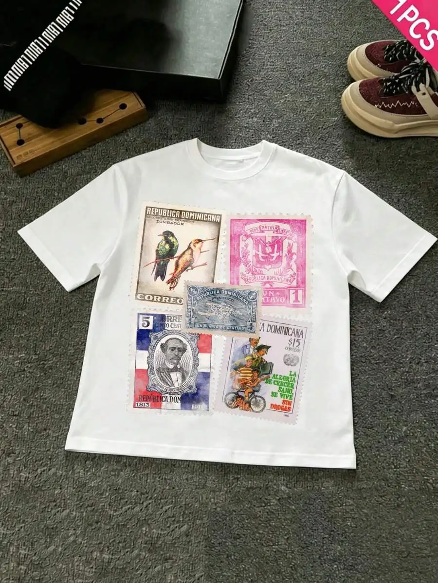 T-Shirts 100% Cotton 180g Premium Crew Neck Regular Fit Streetwear Men's Designer Graphic Tees Vintage Dominican Republic Stamp Y2K Cyber Grunge Shirt