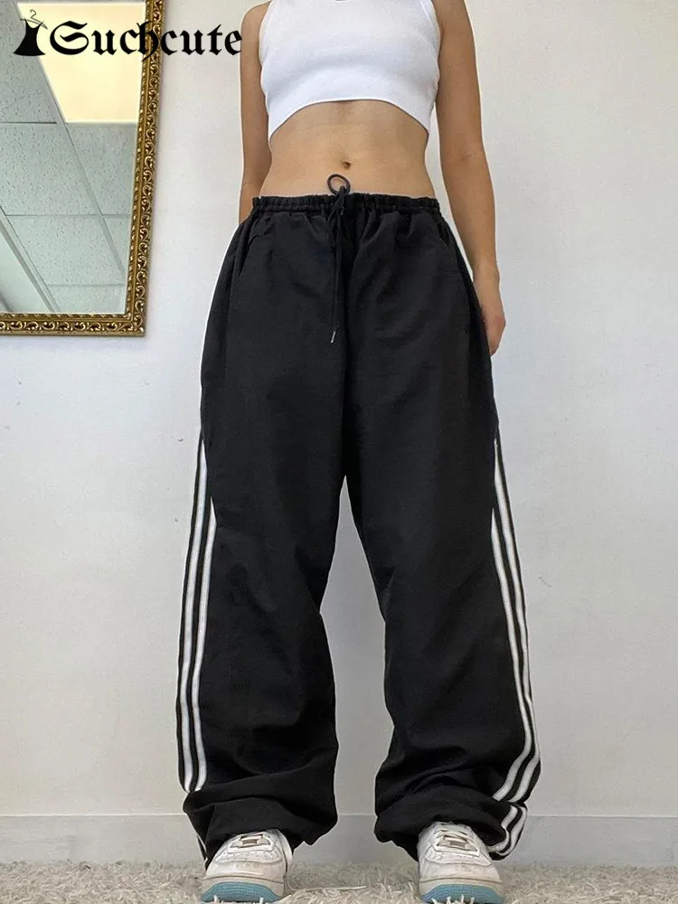 

SUCHCUTE Sport Casual Solid Wide Leg Weattpants Elastic Waist Black Baggy Pants Kpop Streetwear Vintage Clothing Jogger 2022