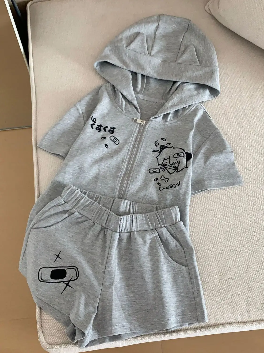2000s Y2K Kawaii Cartoon-Printed Two-Piece Set: Cat Ear Hoodie & Shorts, Casual Cute Style with Japanese Anime Prints Sweet Girl
