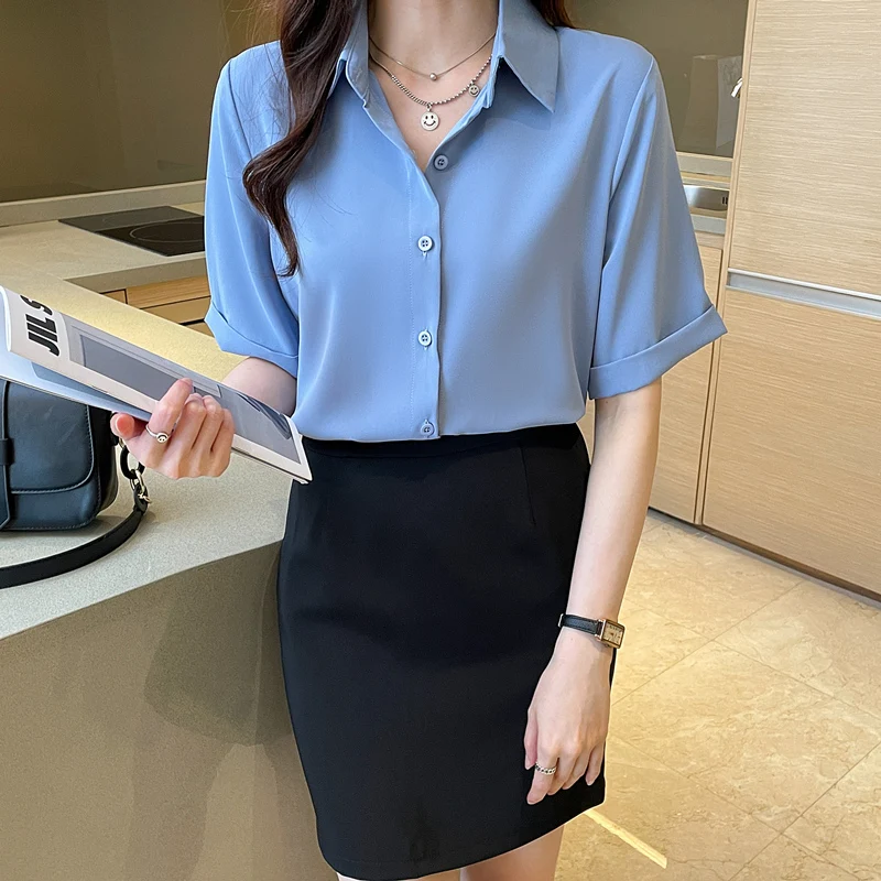 Summer Short Sleeve V-Neck Chiffon Shirt Women\'s Clothing 2024 Spring New Office Lady Loose Casual Pullover Blouse