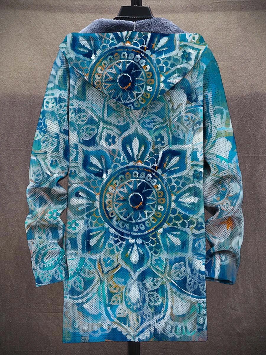 Retro Mandala Art Pattern 3D Printed Men's Plush Thick Long-Sleeved Sweater Cardigan Coat Winter Casual Warm Zipper Jacket HRD14