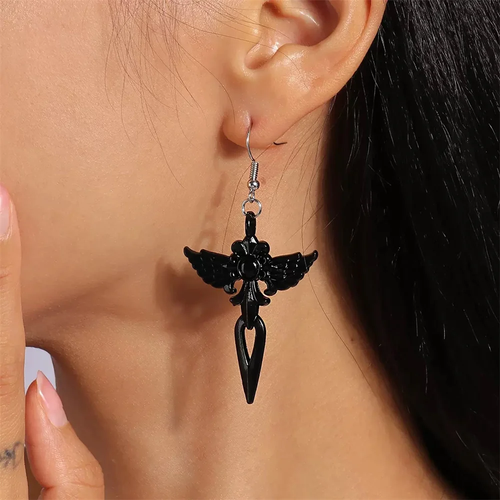 

Halloween Black Punk Angel's Wing Goth Hollow Cross Sword Women's Earrings Fashion Luxury Metal Ear Hook Jewelry Accessories