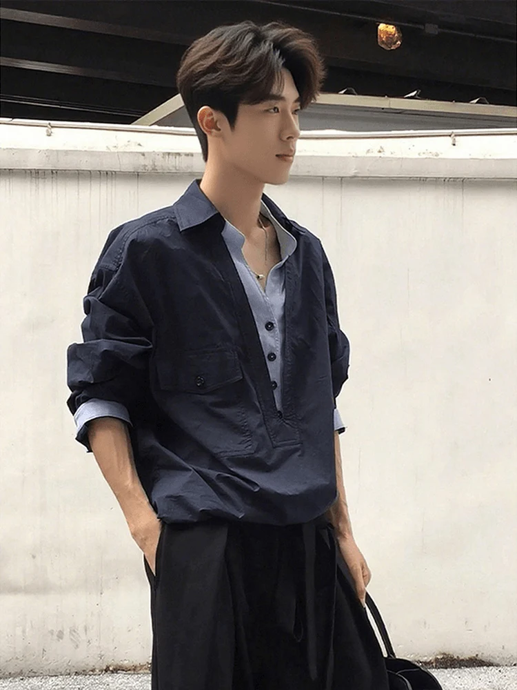 

Loose Fit V-Ne irt Men's Sle Autumn Casual Design Sense Patchwork Workwear Jaet k Blue Color Blo Casual Look