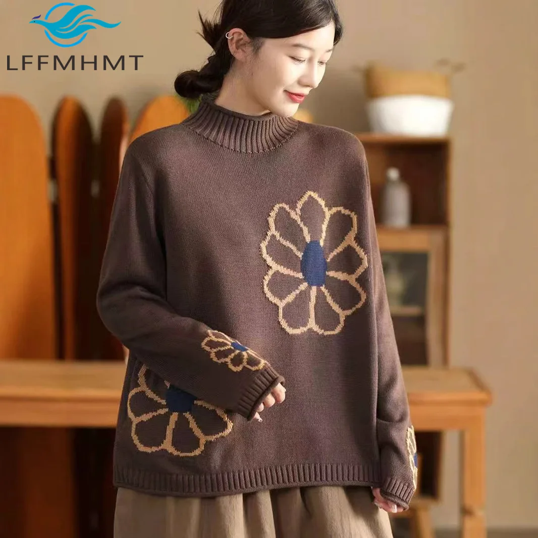 

Зимняя мода, женский винтажный жаккардовый трикотаж, женская свободная водолазка, теплый свитер с длинными рукавами, элегантные пуловеры
