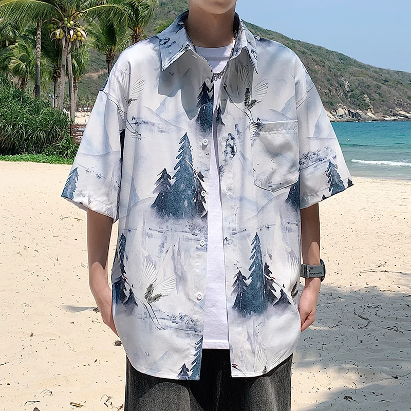 

Men's Short Sleeve Shirts Summer Mountain Print Top Men Summer Hawaii Beach Shirts Outdoor Party Breathable Street Social Shirt