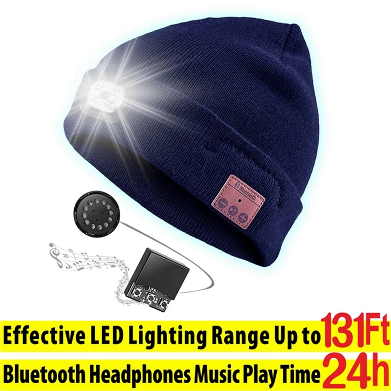 For Shoveling Snow Riding Winter Warm Bluetooth Head Light Lamp Hat Beanie With LED Music Cap Speakers & Mic Earbuds Durable D