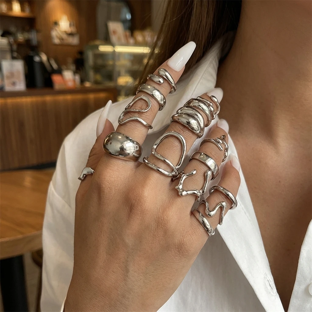 15PCS/Set Cool Oversized Smooth Abstract Lava Line Ring Set Women's Trendy Geometric Stacking Finger Ring Accessories