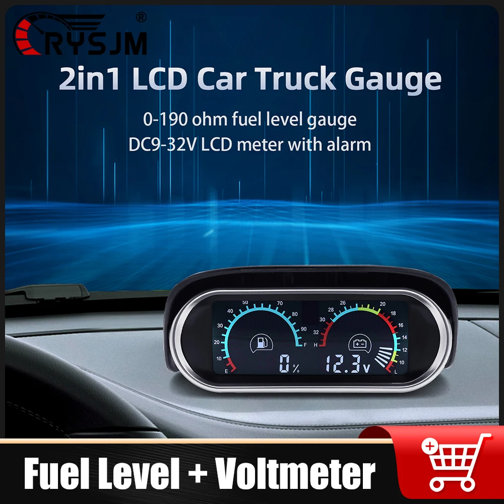 

RYSJM 0-190 ohms Fuel Level Guage & Voltmeter Digital LCD Volt Meter Car Gauges With for Boat Marine 12V24V Auto Interior Parts