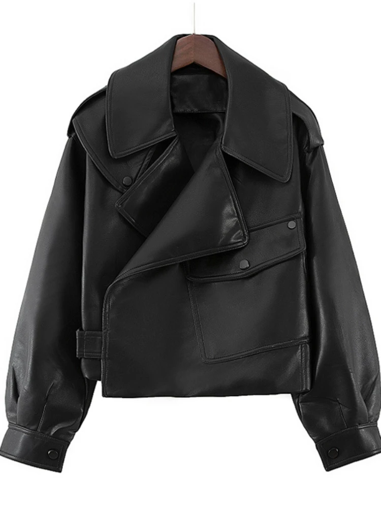 LY VAREY LIN-Manteau Court en PU pour Femme, Streetwear Décontracté, Veste en Faux Cuir à Revers, Vêtements d'Extérieur Moto Biker, Printemps et Automne, Nouveau