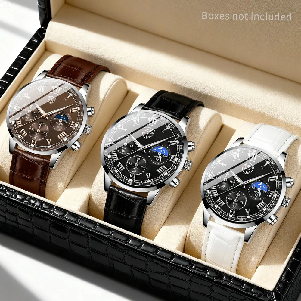 3pcs/1pc New Fashion Men'S Casual Trendy Round Quartz Watch Set, Faux Leather Strap, Valentine'S Day, Easter, Ramadan