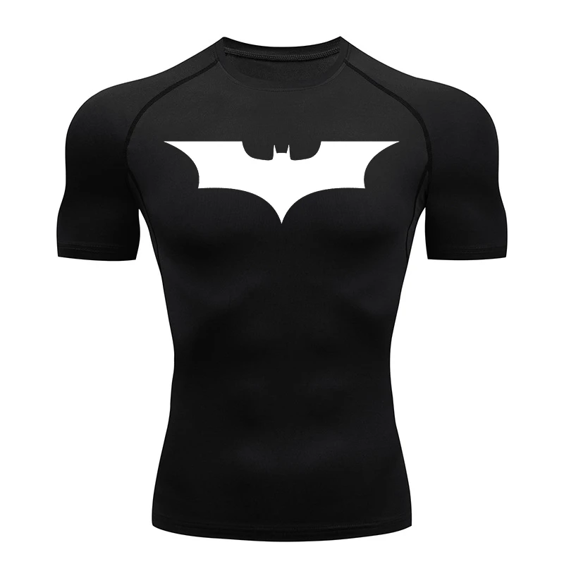 

Men's bat print compression shirt, rash protection short sleeved summer T-shirt gym, training running fast drying sports T-shirt