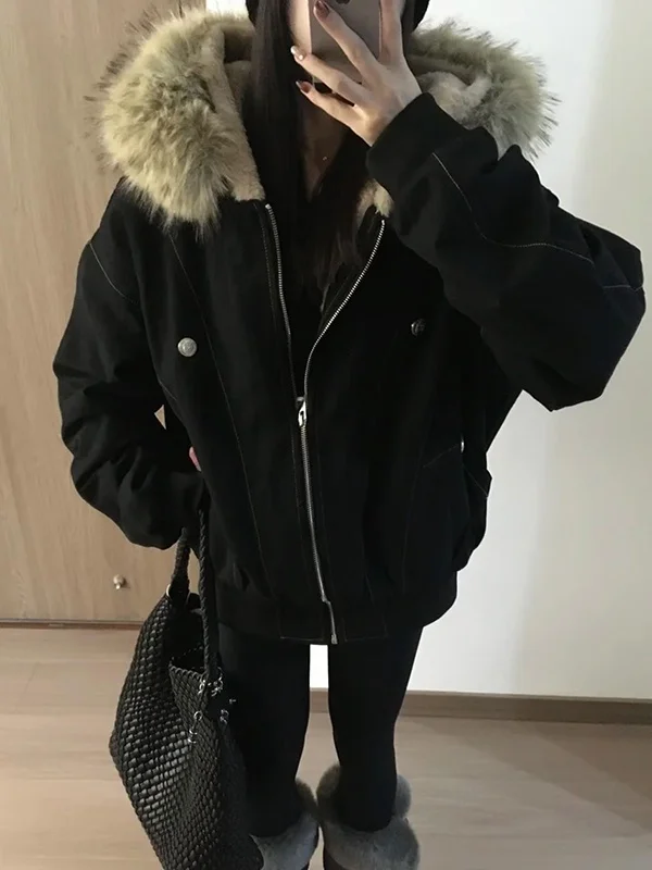 

Black Thickened Short Parka Coat with Large Fur Collar for Men And Women Winter Warm Casual Style Cleanfit Cotton Jacket
