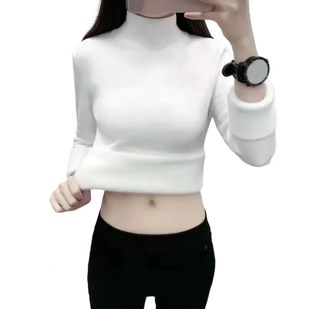 

Velvet-lined Sweater Women's High Collar Velvet Lining Knitwear Thickened Warm Bottoming Sweater with Long Sleeve Solid Color