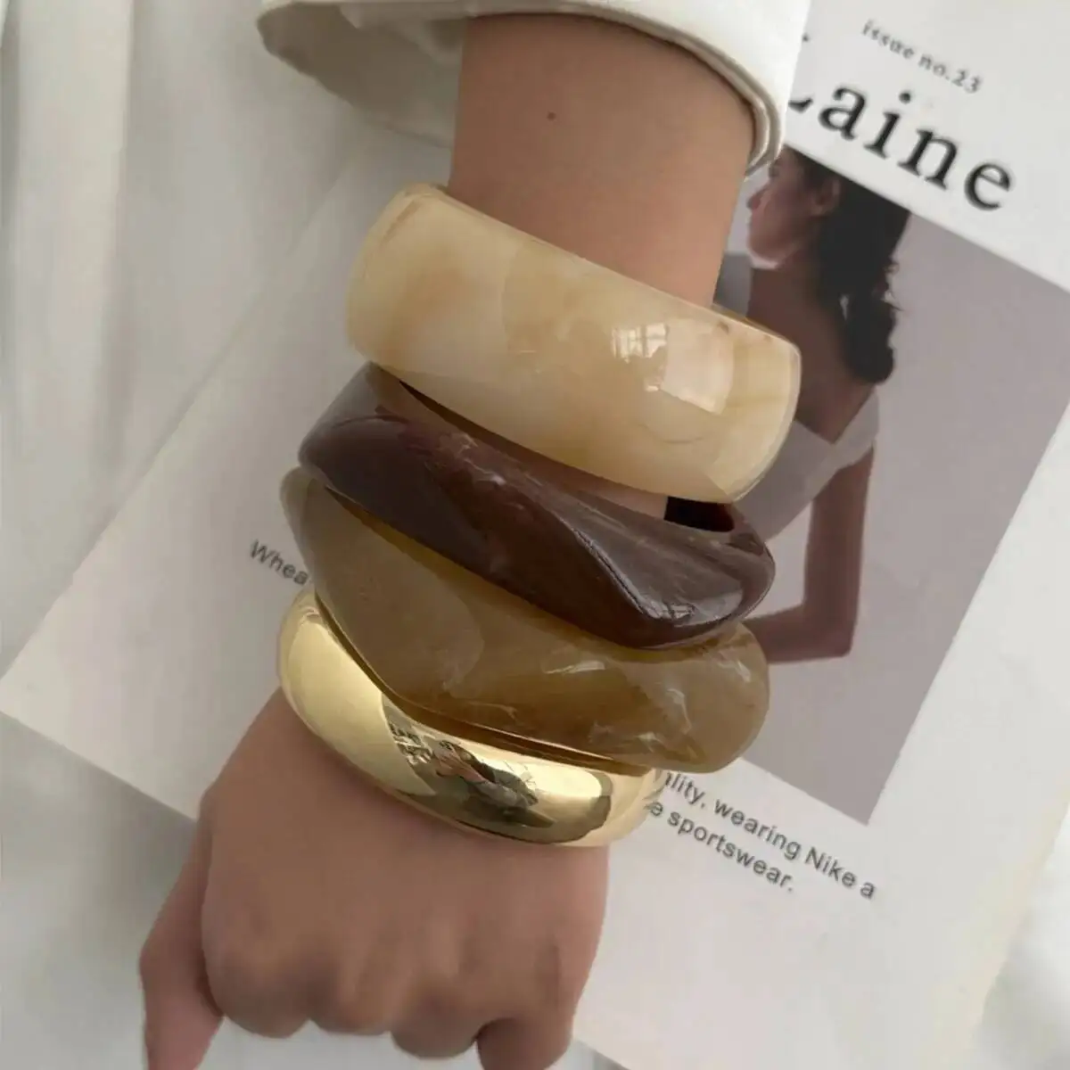 KunJoe Luxury Irregular Thick Resin Acrylic Cuff Bracelet for Women Vintage Gold Color Metal Stackable Wide Bangle Party Jewelry