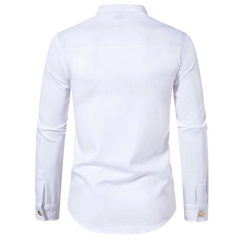 2024  New Men\'s Double-breasted Long-sleeved Shirt Vintage Henry Collar Solid Color Dress Shirt