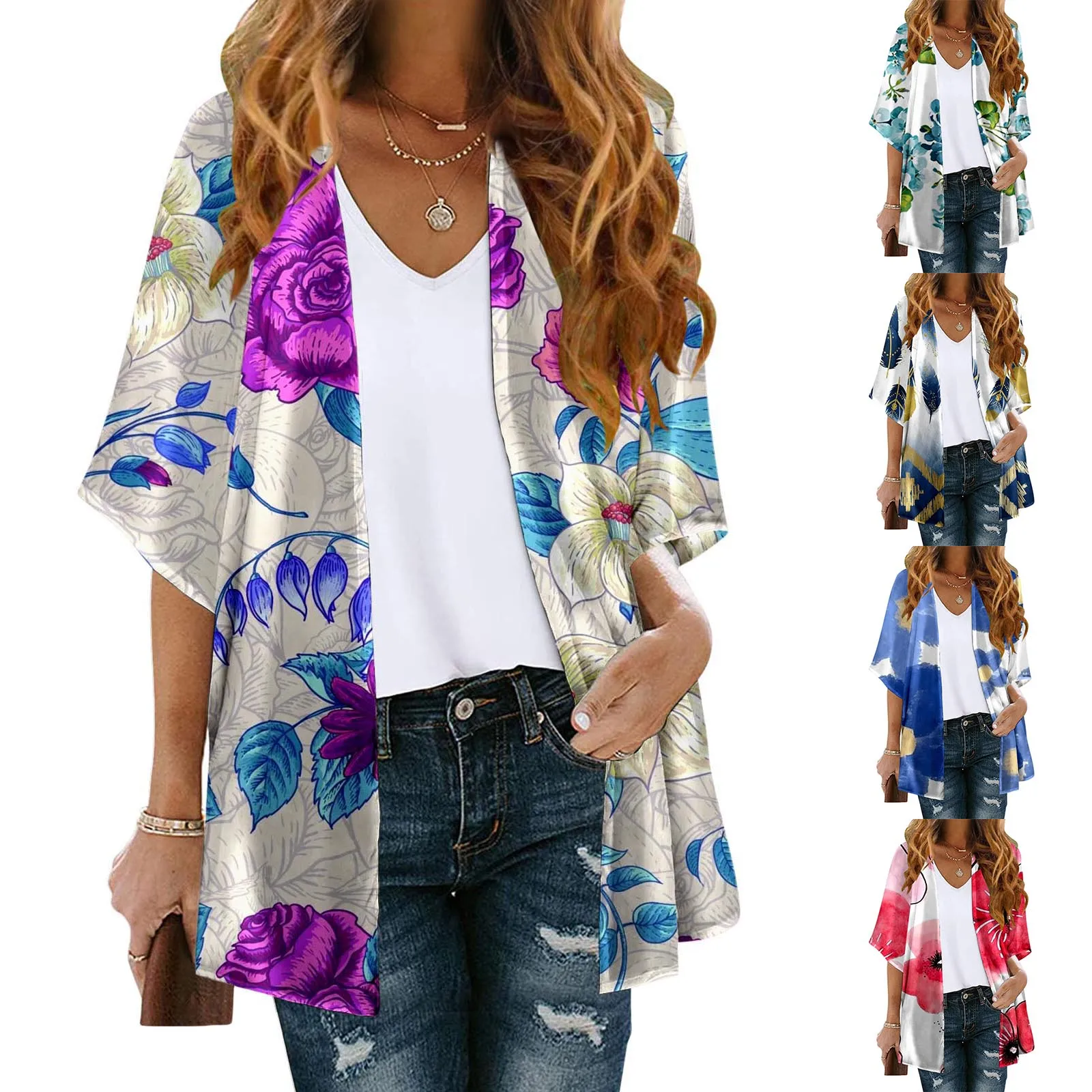 Women Floral Print Three Quarter Sleeve Kimono Cardigan Loose Cover Up Casual Blouse Tops