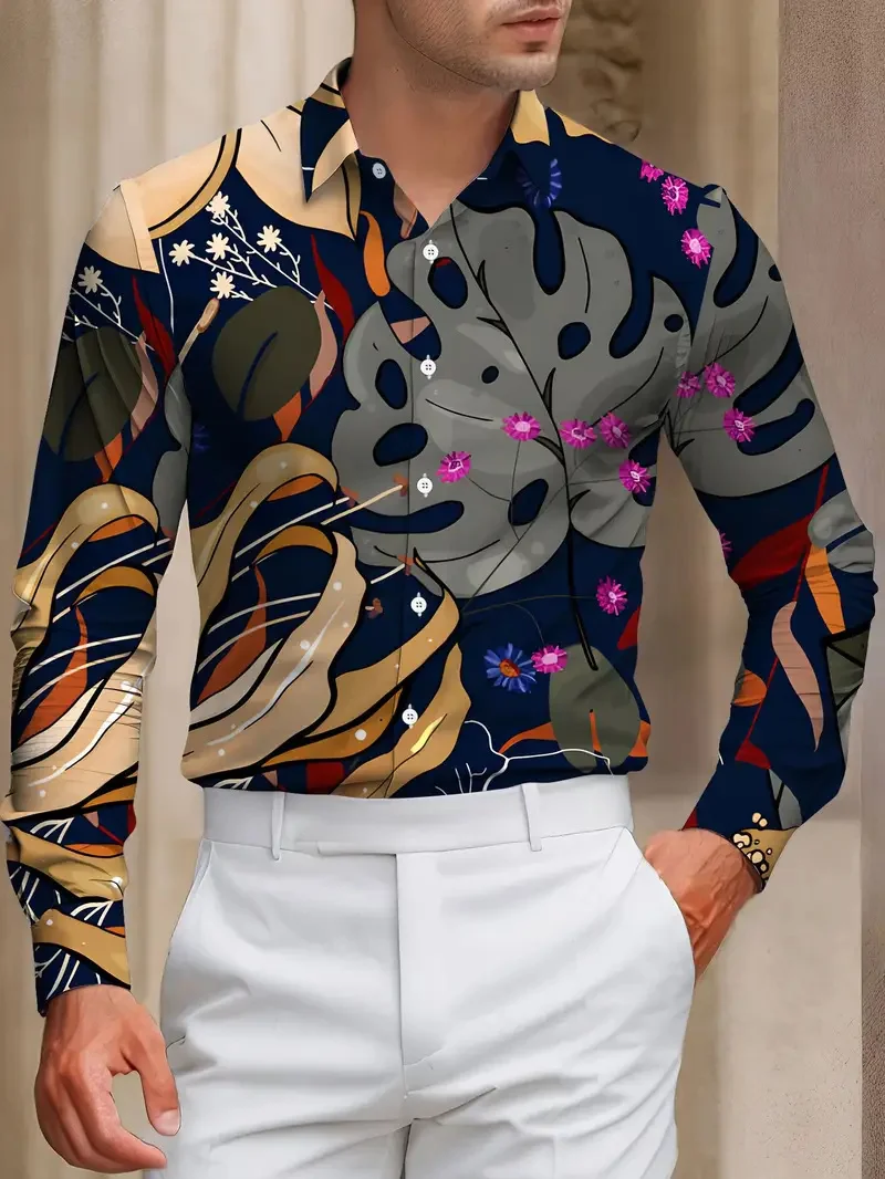 Men's Shirt Flip-over Beach Shirt Long Sleeve Hawaiian Holiday Clothing Flower Pattern Shirt New Collection