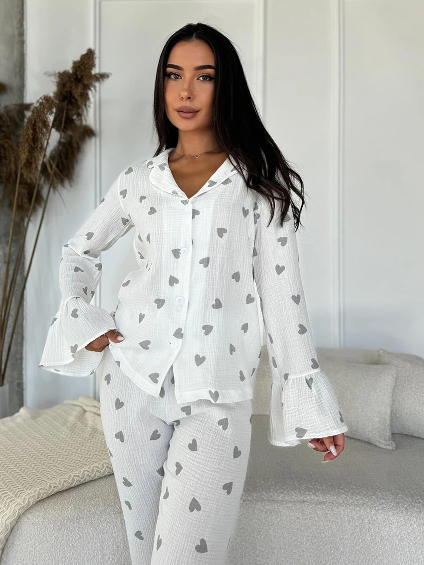 Marthaqiqi Cotton Women Nightwear Suit Long Sleeve Pajamas Turn-Down Collar Nightie Crop Top Sleepwear Pants Loose Nightgown Set