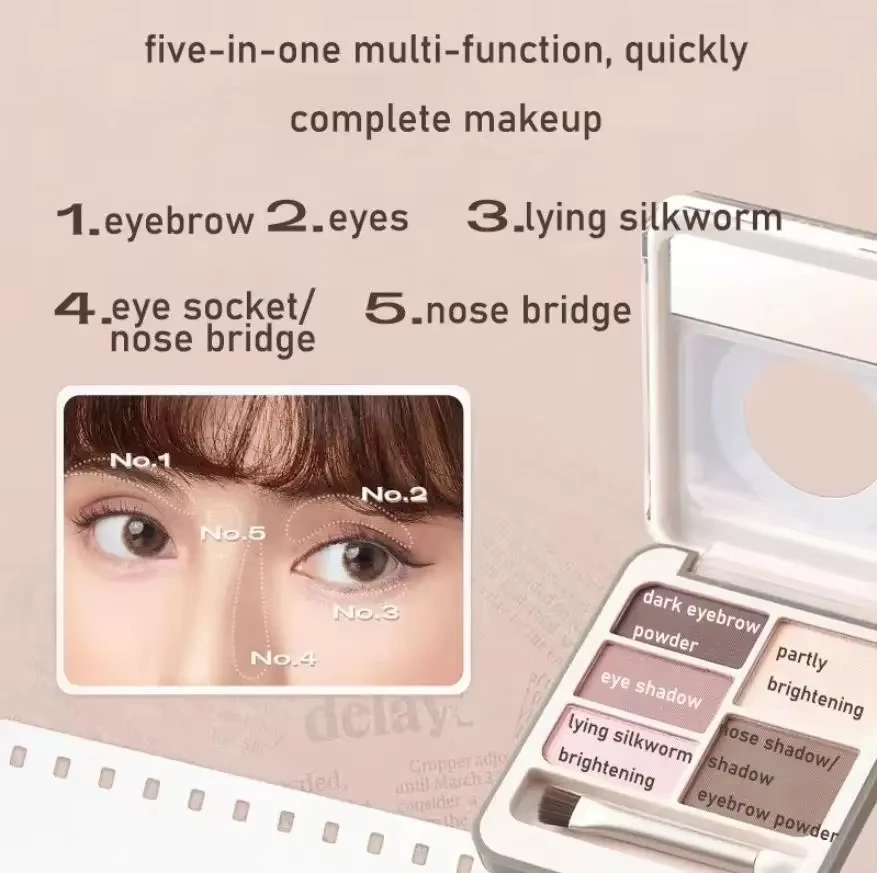 Judydoll All-in-one Multi 5 colori tavolozza ombretto fard evidenziatore rifinitura sopracciglia occhi cosmetici portatili per trucco naturale