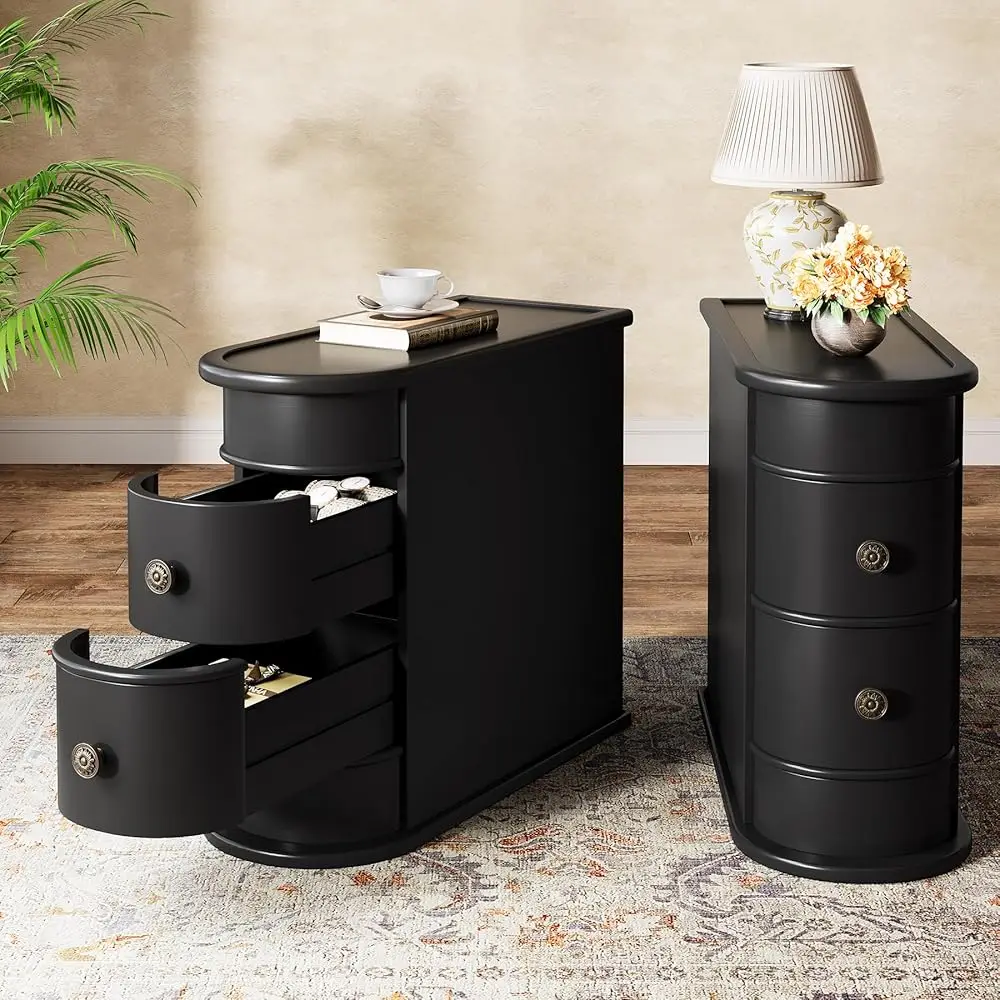 

End Table Set Of 2, No Assembly Required, Closed Back, Bla Sofa Side Table With Storage, Slim Nightstand With 2 Drawers,