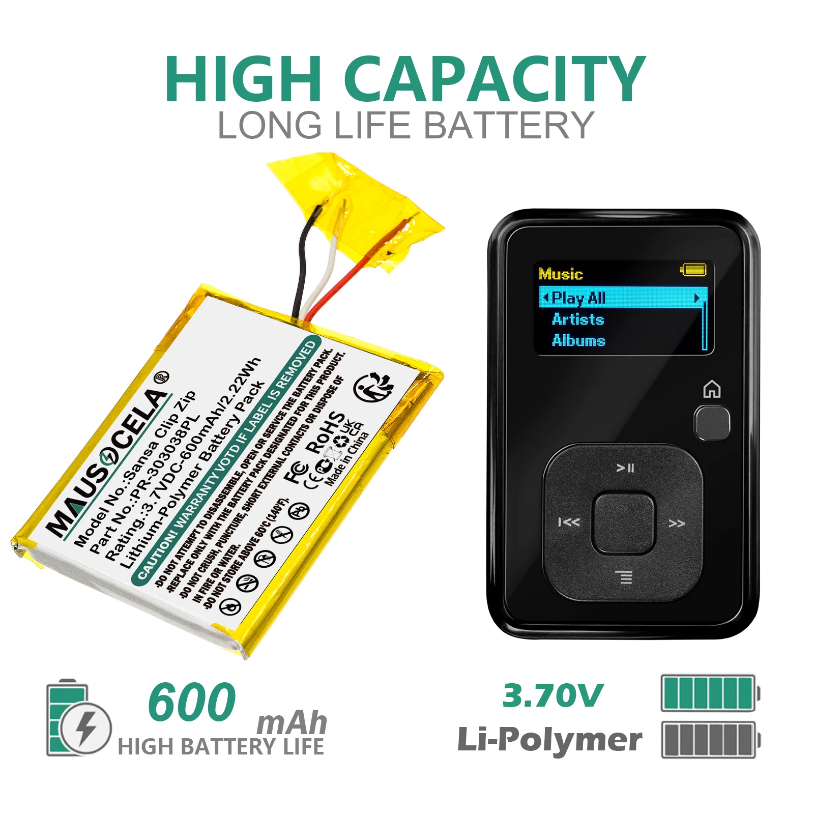 

600mAh Media Player For Sandisk:PR-303038PL,Sansa Clip Zip,Sansa Clip+,Clip Plus,SDMX18R-008GK-A57,SDMX18R-004GB-A57,+Toolkit