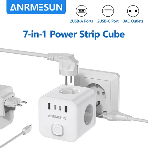 Extensor de enchufe de pared con 3 salidas de CA, 3/2 puertos USB y 1 tipo C, cargador de enchufe europeo 7 en 1, interruptor de encendido/apagado para regleta de alimentación doméstica ﻿