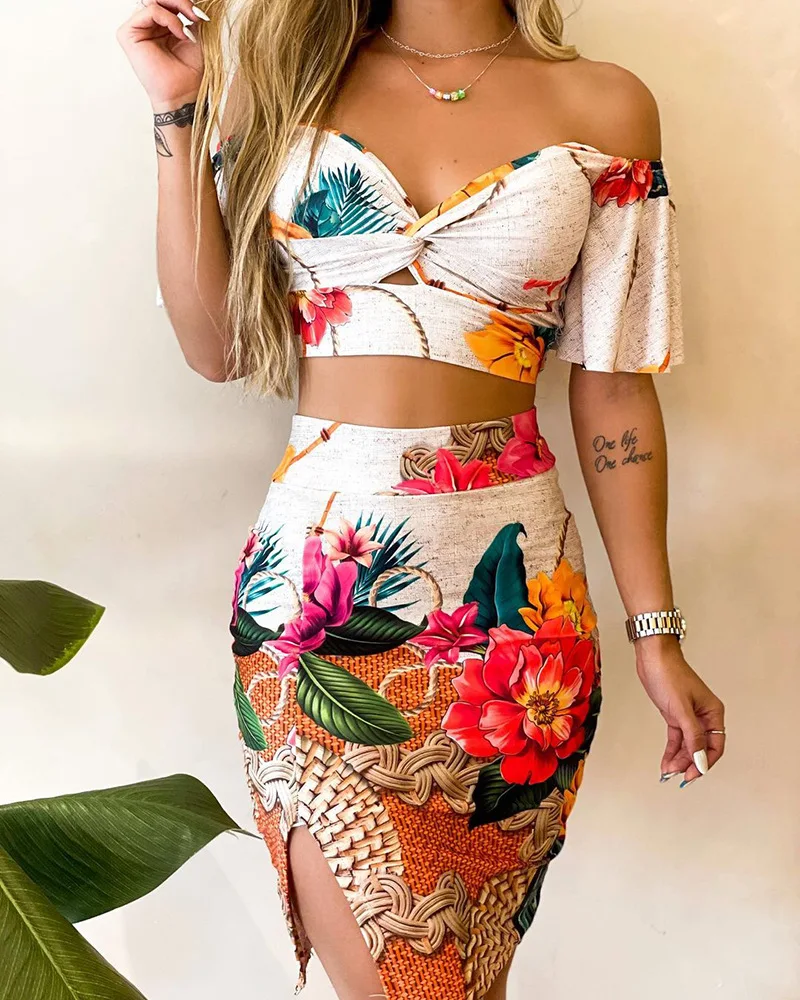 Two Piece Set Women Outfit 2024 Summer Fashion Chain Print Twisted Crop Top & Casual Temperament Skinny Slit Midi Skirt Set