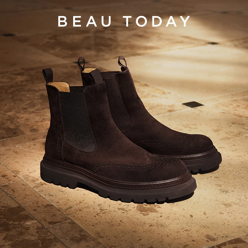 BEAUTODAY Ankle Boots Platform Men Cow Suede Chelsea Boots Round Toe Sewing Elastic Band Thick Sole Male Shoes 54230