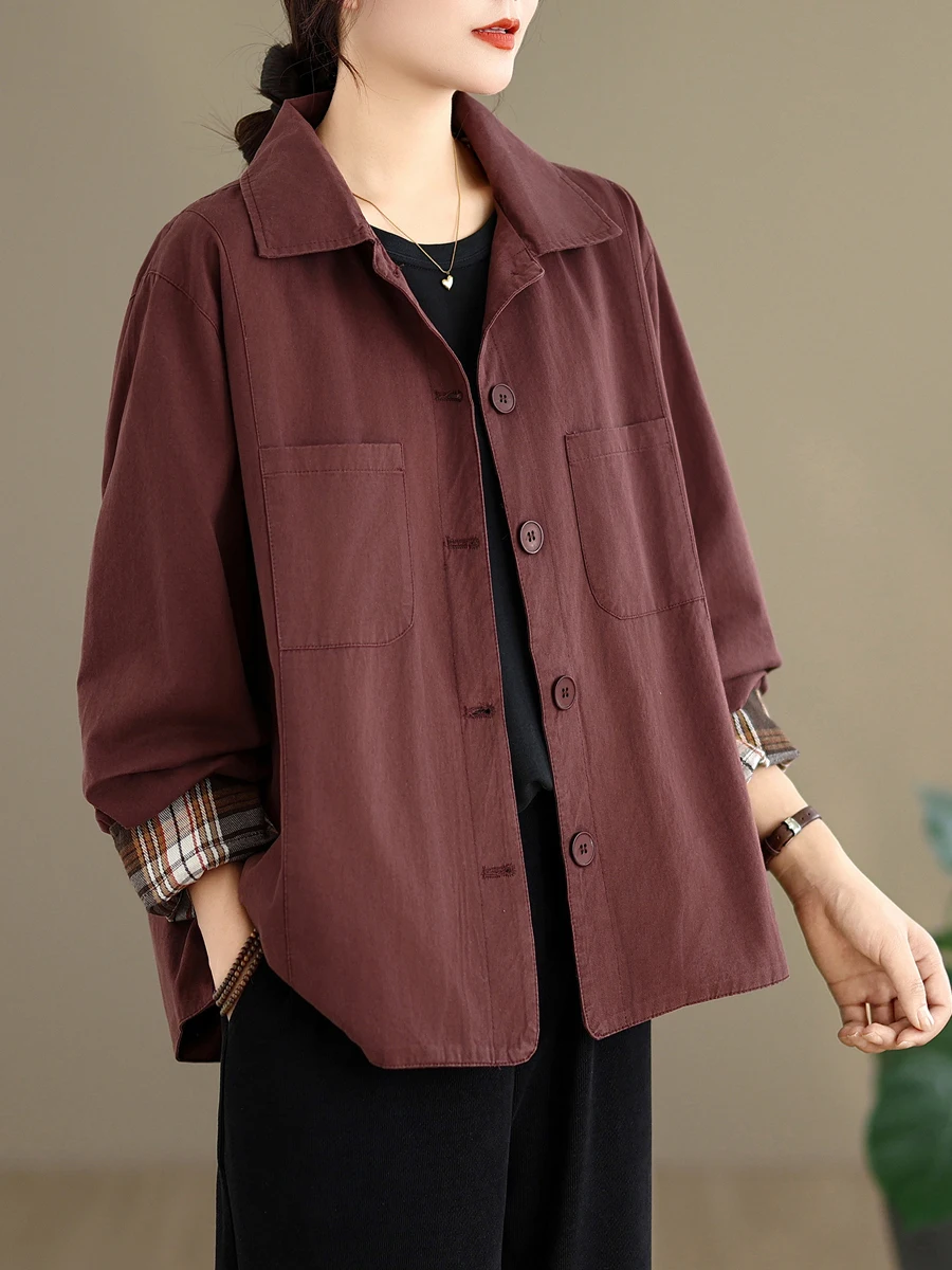 

Художественная однотонная хлопковая верхняя одежда Jaet ort, женская весенне-осенняя свободная открытая кардиган с воротником большого размера для похудения, универсальная...