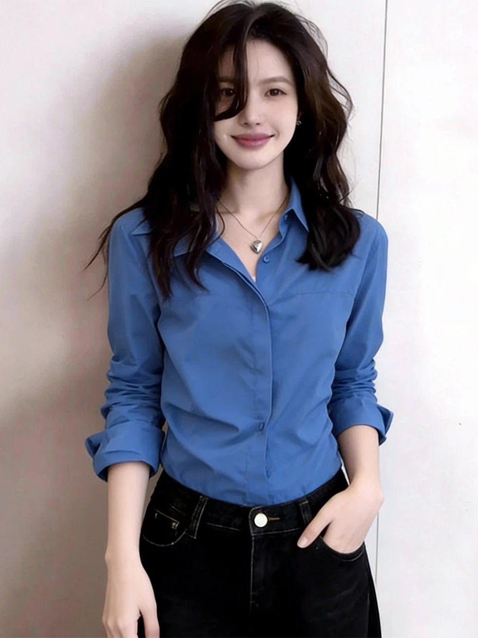 

Женская рубашка с длинным рукавом цвета Кляйн синий, приталенная, базовый слой, укороченная, для весеннего сезона, модная повседневная рабочая одежда