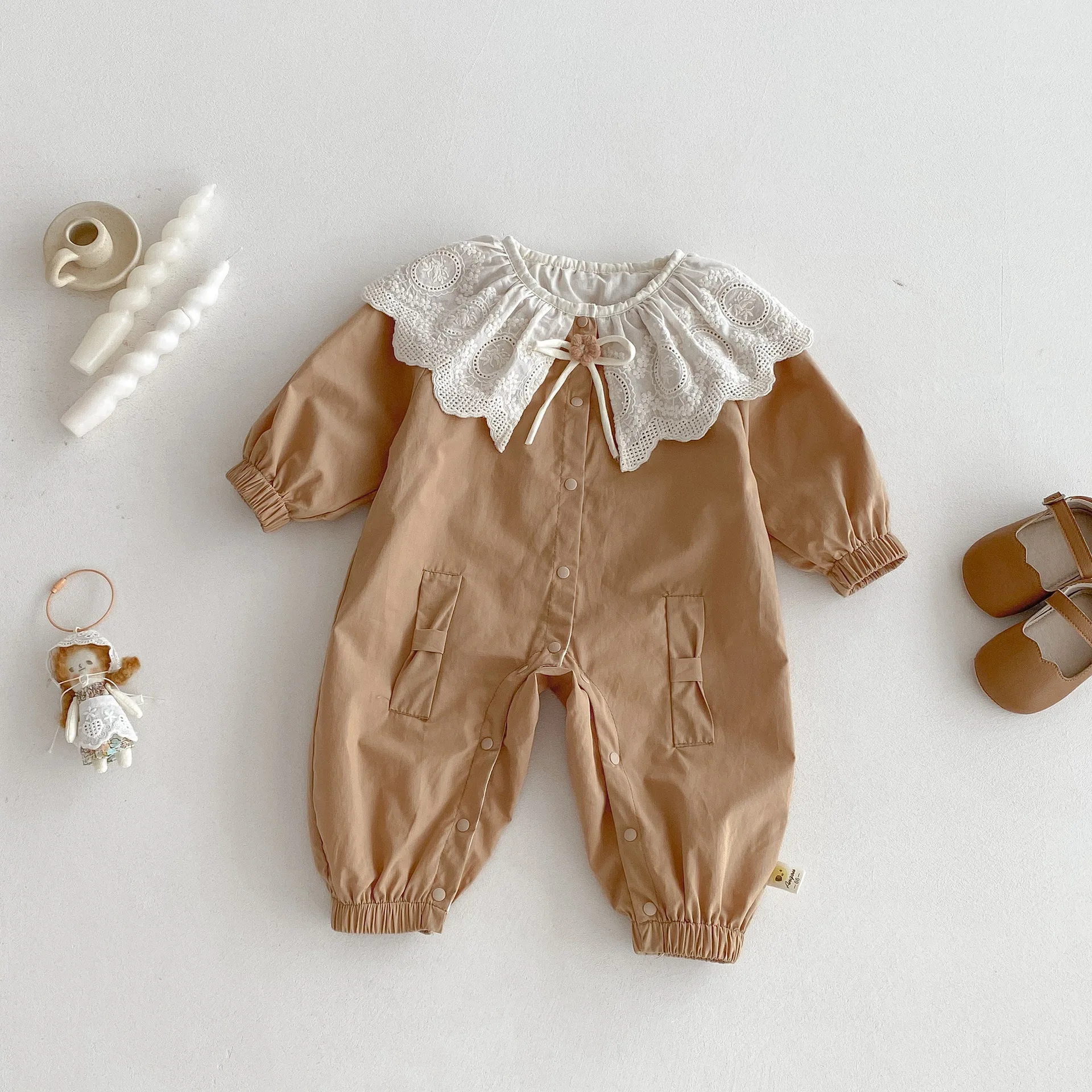 Infant Cute Baby Jumpsuit 2025 Autumn New Girl Baby Clothes Long Sleeve Lace Collar Romper Princess Climbing Clothes