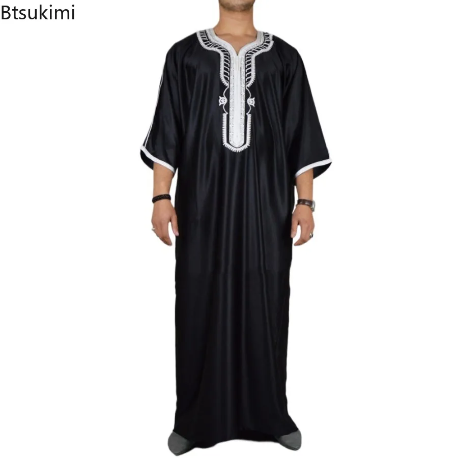 2025 New Kaftan Muslim Men Clothes Moroccan Short Sleeve Robe Ethnic Style Embroidery Loose Casual Robe for Islamic Caftan Homme