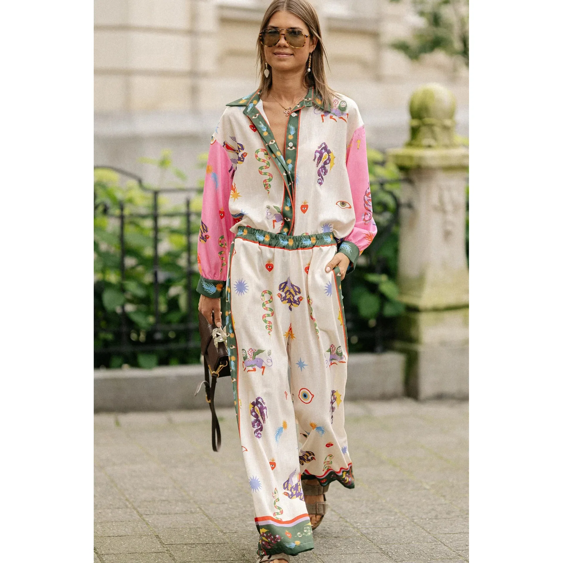 New Trend Casual Print 2024 Women Long Sleeve Blouse Suits Top and Loose Pants Chic Female 2 Piece Sets Fashion Outfits Vintage