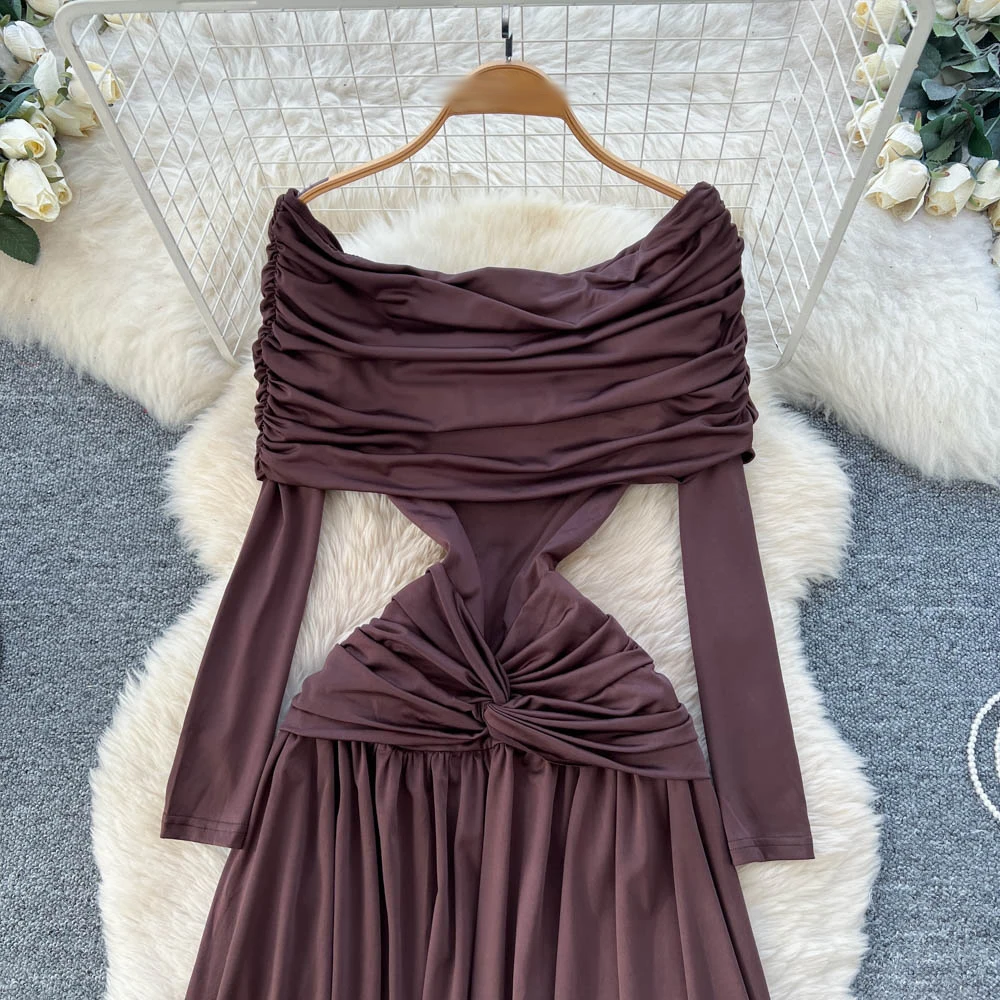 فساتين TWOTWINSTYLE المثيرة للتخسيس طيات للنساء رقبة مائلة وأكمام طويلة وخصر عالي فستان أنيق متين جديد KDR555304 #4