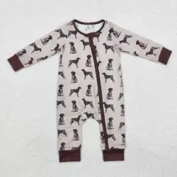 Perro marrón estampado bebé niños otoño bambú Sleeper cremallera mameluco venta al por mayor Boutique ropa precio de fábrica bebé mameluco de alta calidad