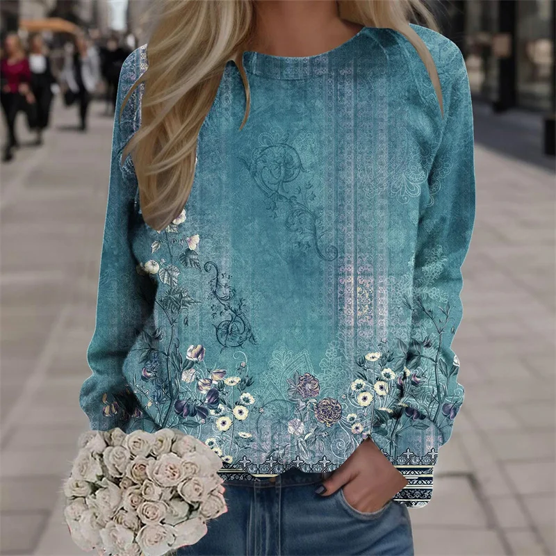 New Flower 3D Printed Long Sleeve T Shirts For Women Streetwear Colorful Florals Pullovers Tops Harajuku Y2k Clothing Tees Girls