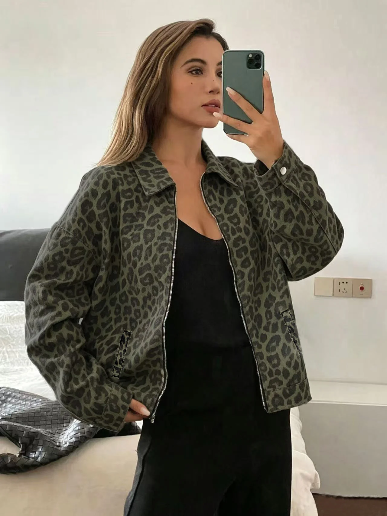 Leopard Print Zip-Up Loose Casual Denim Long-Sleeve Shirt