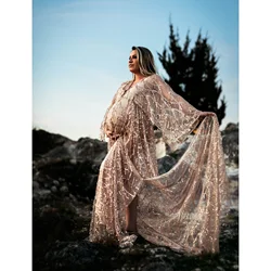 Don&Judy Boho Sparkly Sequin Maternity Photography Dress Tulle See Through Wedding Bridal Robe Pregnancy Women Photo Shoot Gown