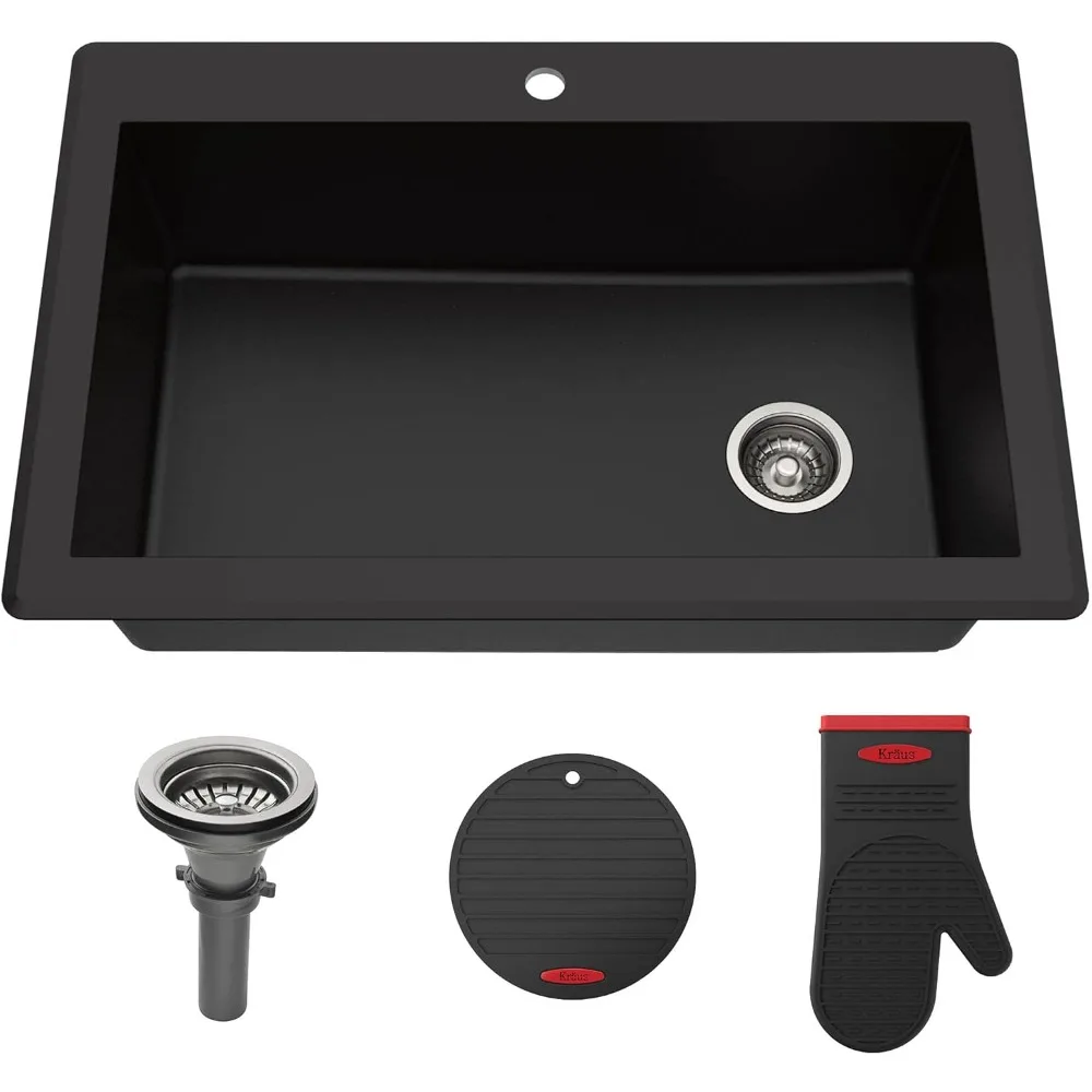 KRAUS Forteza™ 33” Dual Mount Single Bowl Granite Kitchen Sink in Black, KGD-54BLACK