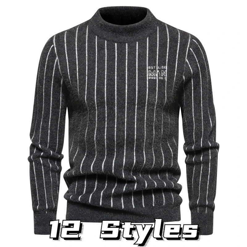 

Autumn and Winter New Mohair Men's Casual Warm Long-sleeved Striped Jacquard Sweater Knit Sweater