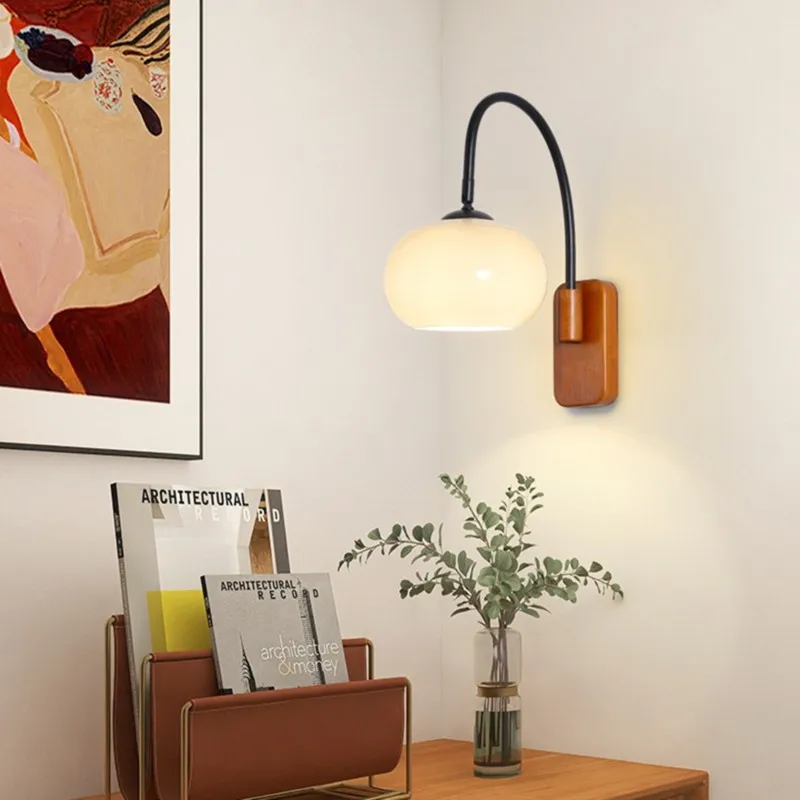 【Festival】Walnut& Milk White Glass Shade Vintage Nordic Style Wall Lamp-LED Lighting Design