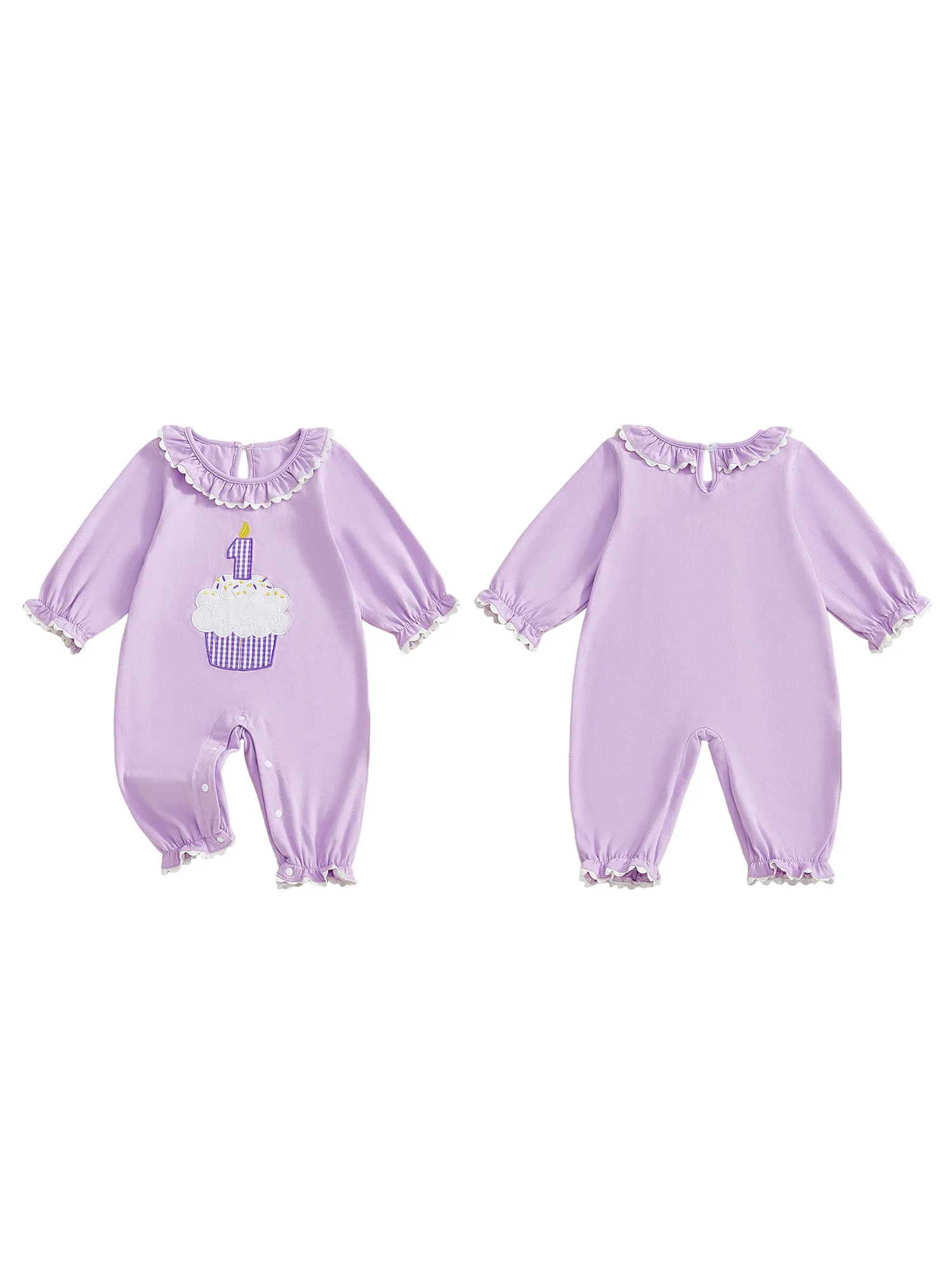 

Infant Girls Birthday Romper with Cake Embroidery Long Sleeves Ruffled Round Neck and Full-Length Jumpsuit for Special