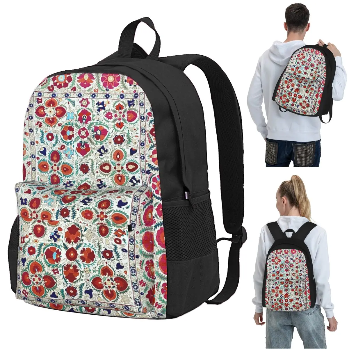Antique Uzbek Suzani Embroidery Print Backpack Student BookBag Kids School Bag Computer Shoulder Bags for Men Women