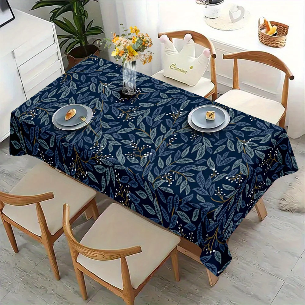 One vintage navy blue floral printed leaf-shaped rectangular polyester tablecloth