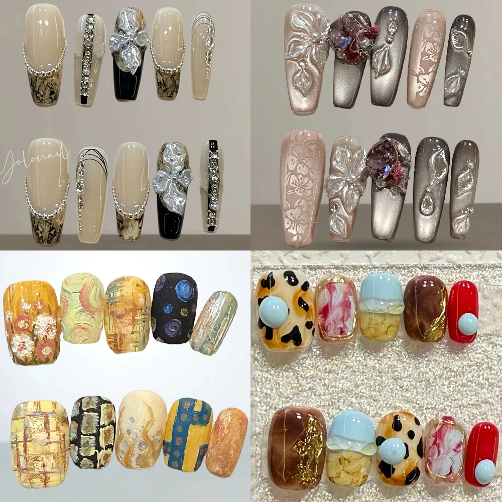 

High Quality Vintage Square Ellipse Handmade Press On Fake Nails 3D Hand-Drawn Flowers Rhinestone Pearl Reusable Fake Nails