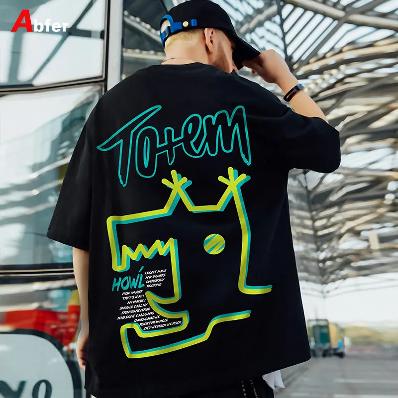 Abfer American Vintage Oversized T-shirt Men's Hip Hop Graffiti Dinosaur Graphic T Shirts Harajuku Clothing Y2k Clothes Tops Tee